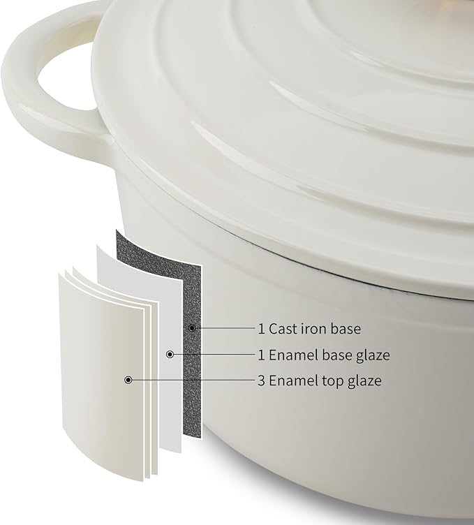 Enameled Cast Iron Dutch Oven Pot with Lid Heavy-Duty Cookware for Bread Baking, Braising, Stews, Roasting,4QT， creamy white