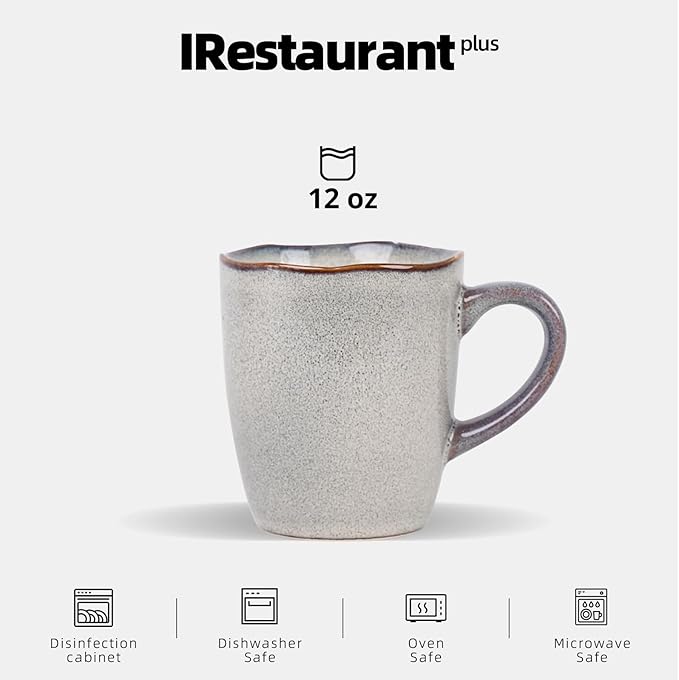 Organic Shape Restaurant Mug 12oz, Commerical Grade Catering Stoneware Coffee Mug in Ir-regular Organic Shape, Chip & Scratch Resistant, Glossy Reactive Glaze Grey, Case of 24