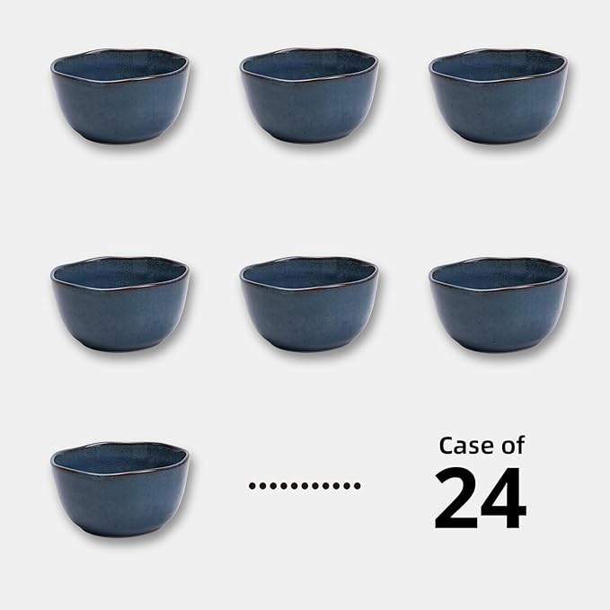 Organic Shape Restaurant Cereal Bowl 5.5", Commerical Grade Catering Stoneware Rice bowl in Ir-regular Organic Shape, Chip & Scratch Resistant, Glossy Reactive Glaze Blue, Case of 24