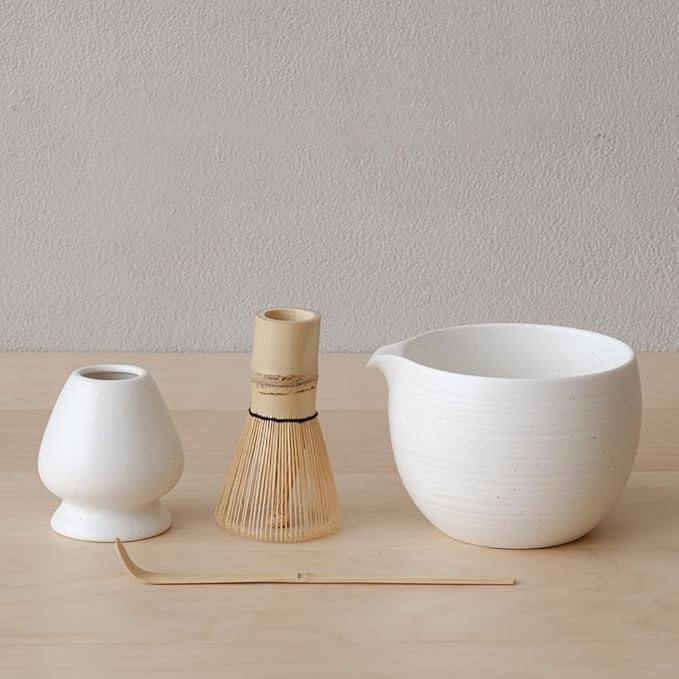 Matcha Whisk Set, Ceramic Matcha Bowl & Whisk Holder, Bamboo Accessory, Modern Design (White, Pouring Spout)