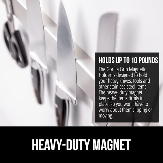 GORILLA GRIP Stainless Steel Magnetic Knife Holder for Wall, 16 Inch, Multi-Purpose Magnet Bar for Knives, Tools, Art Supplies, Heavy Duty Strip Holds Up to 6 lbs, Kitchen Organizer, Drilling Required