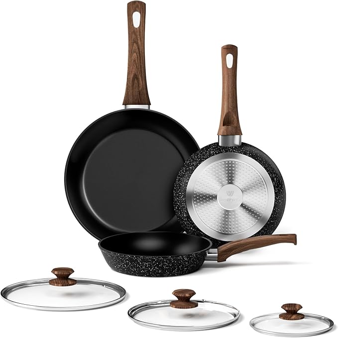 Innerwell Frying Pan Set With Lids - Non Stick Frying Pans Set 3 Pcs, Nonstick Skillet Pans Set Egg Omelette Pan W/Lid, PFOA Free, Induction Non Toxic Cooking Black Pan Set