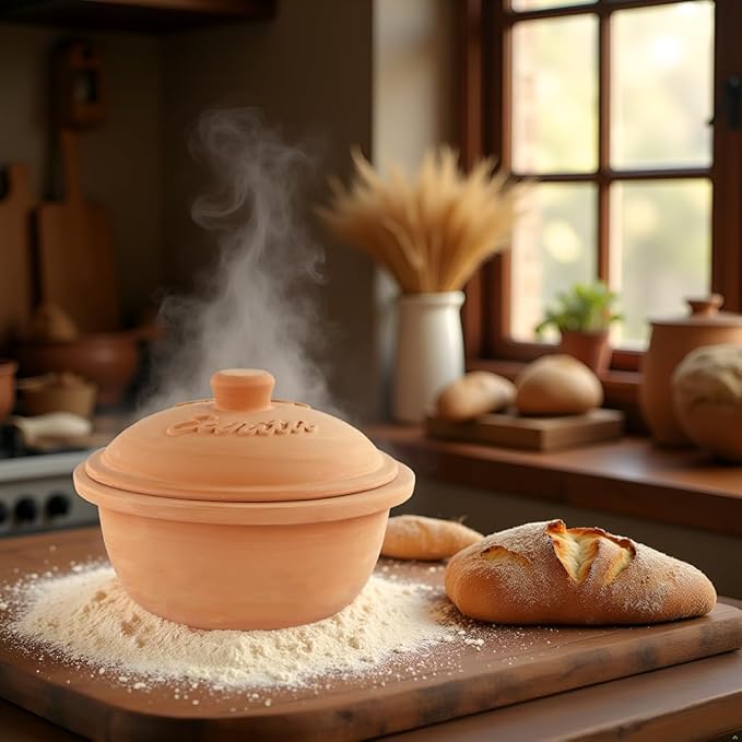 Reston Lloyd Eurita 2 Quart Terracotta Clay Dutch Oven – Natural, Lead‑& Cadmium‑Free, Oven & Microwave Safe, Rustic Slow-Cooker Pot for Sourdough Bread, Roasting & Casseroles, Healthy cooking