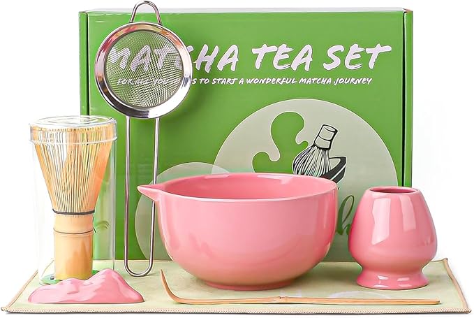 Matcha Whisk Set, 7 Pcs Matcha Kit with Matcha Bowl, Spout, Whisk and Holder, Bamboo Scoop and Stainless Steel Sifter, Japanese Matcha Set for Ceremony, Gift for Matcha Lover