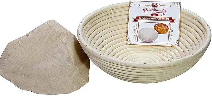 Saint Germain Bakery Premium Round Bread Banneton Basket with Liner - Perfect Brotform Proofing Basket for Making Beautiful Bread (8 inch)