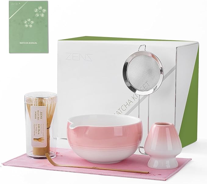 ZENS Pink Matcha Set, 6pcs Matcha Kit Includes Ceramic Bowl, Handcrafted Bamboo Whisk and Chasen Holder, Scoop, 304 Sifter & Tea Mat, Matcha Whisk Set Gift for Matcha Lovers