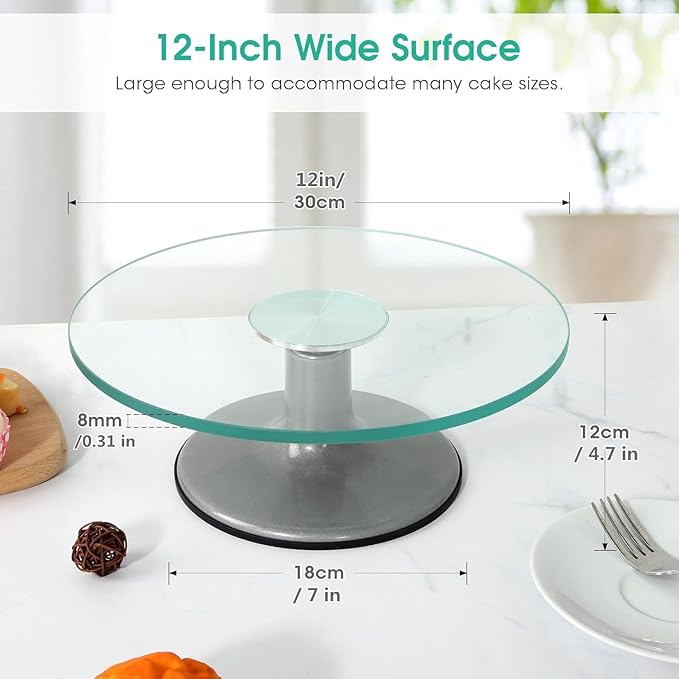 Uten Glass Cake Turntable for Decorating, 12 Inch Rotating Cake Stand, Large Revolving Cake Spinner Stand for Birthday, Party, Wedding Cake Baking Supplies Tools