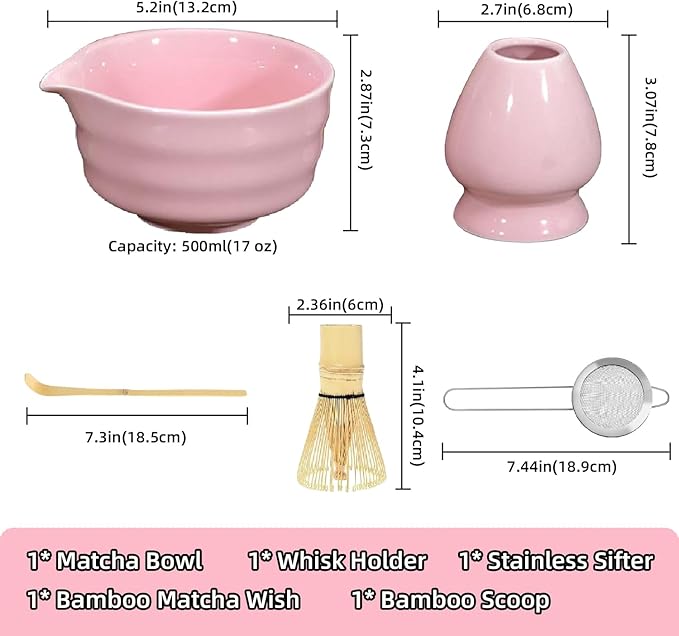 Matcha Tea Set, 5-Piece Ceremonial Kit with Ceramic Matcha Bowl (Chawan), Bamboo Whisk (Chasen) & Holder, Stainless Steel Sifter, Bamboo Scoop (Chashaku) — Japanese Tea Ceremony Gift (Pink)
