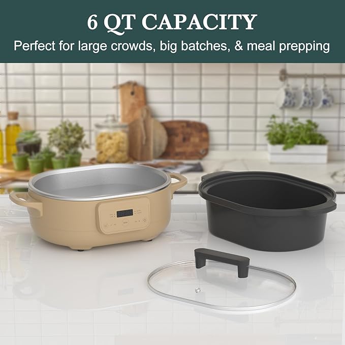 6 Quart Programmable Slow Cooker Removable Healthy Nonstick Pot - Small Kitchen Appliance for Family Dinners - Serves 6+ People - Heat Settings: Keep Warm Brown Sugar