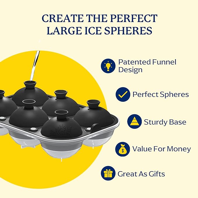 Samuelworld Large Ice Ball Maker with Lid, 6 x 2.5 Inch Ice Balls - BPA Free, Easy To Fill Round Silicone Ice Tray, Perfect Spheres Craft Ice Maker for Whiskey, Cocktails, Gifting - Black