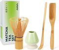 Matcha Whisk and Holder Set, Bamboo Brush, Scoop, Tea Spoon and Ceramic Whisk Stand, Traditional Green Tea Making Kits