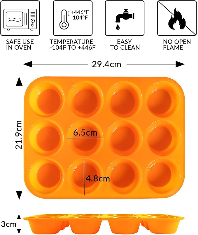12 Cups Silicone Muffin Pan, Nonstick Cupcake Pan, Heat Resistant Silicone Muffin Tin, Reusable Cupcake Moulds Baking Pan for Cakes, Bread (Orange-2 Packs)