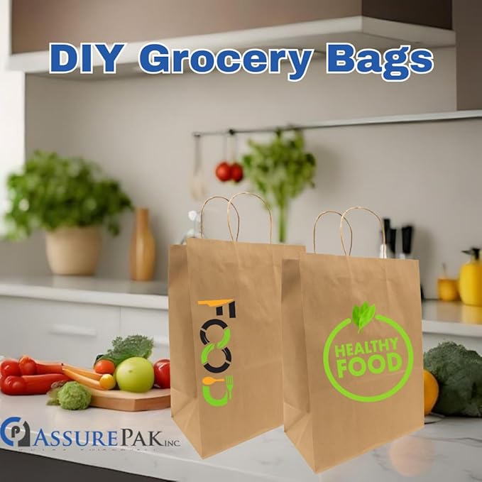 ASSUREPAK DIY Earth Friendly Grocery Paper Bag - 250 Bags - 13"x7"x13" - 74LB (110 GSM strong) - Twisted Handle - Kraft/Natural - Recyclable Food & Supermarket Bags for Decorating & Branding