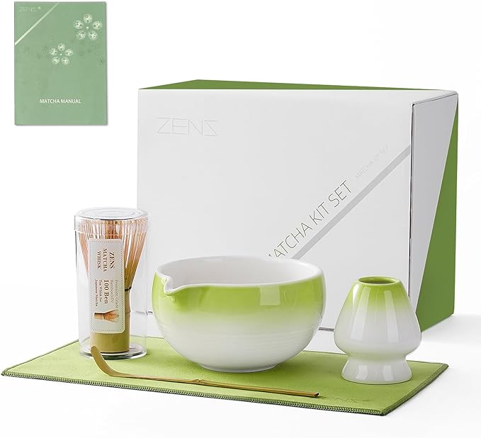 ZENS Matcha Whisk Set, 5pcs Matcah Kit Includes Ceramic Bowl with Spout, Handcrafted Bamboo Whisk, (Chasen) Holder, Scoop & Tea Mat, Matcha Set Gift for Tea Ceremony, Green