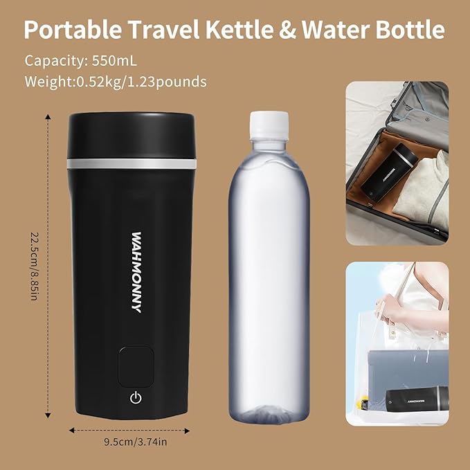 Travel Electric Kettle, Dual Voltage 110V-240V Portable Kettle 6-Temp Control,304 Stainless Steel Small Mini Tea Coffee Kettle,400W Fast Water Boiler, Black (550ML)
