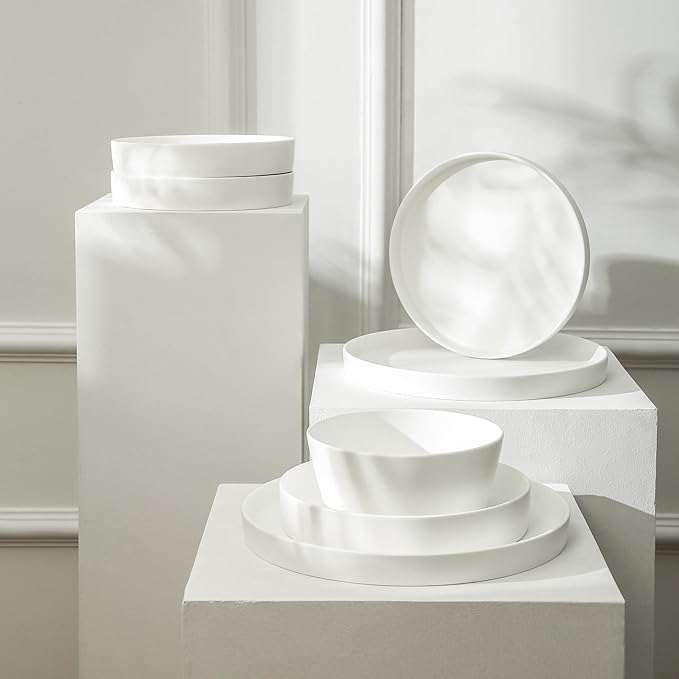 Stone Lain Fosca 32-Piece Dinnerware Set Bone China, Plates and Bowls Sets, Pasta Bowls, Dish Set for 8, Matte White