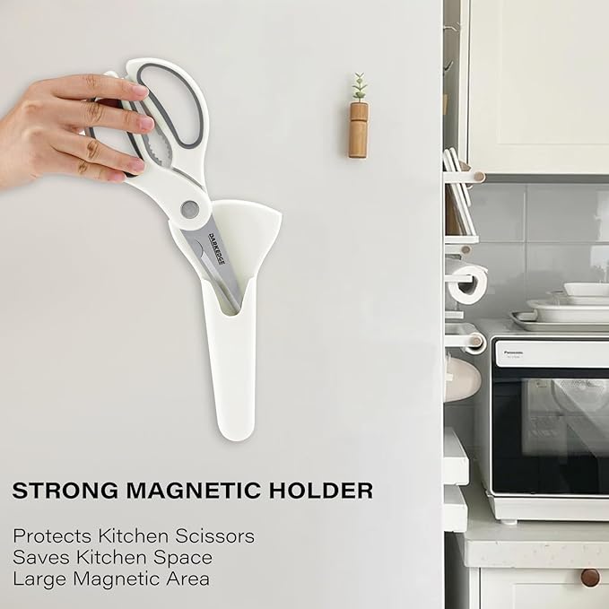 Kitchen Scissors with Magnetic Holder Heavy Duty Magnetic Scissors for Fridge, Kitchen Shears Magnet Sheath Set for Food Meat Pizza Herb Vegetables, White