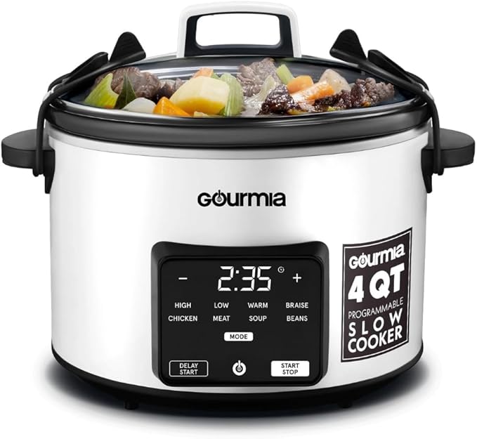 Gourmiia 4.5 Qt Programmable Slow Cooker with 5 Presets, Slow Cook, Digital Timer, Keep Warm Function, Nonstick Interior, Dishwasher Safe (White)