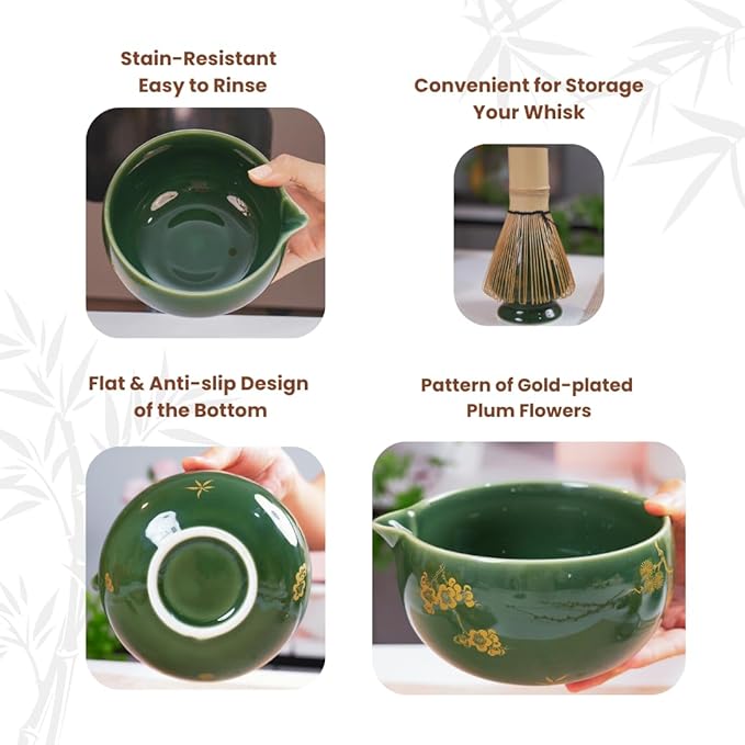 Matcha Whisk Set, Ceramic Bowl with Spout, Matcha Whisk & Holder, Bamboo Scoop & Spoon, Scoop Rest, Sifter, Towel, 8 Pcs Complete Kit for Tea Ceremony, Gift for Friend/Family(Green)