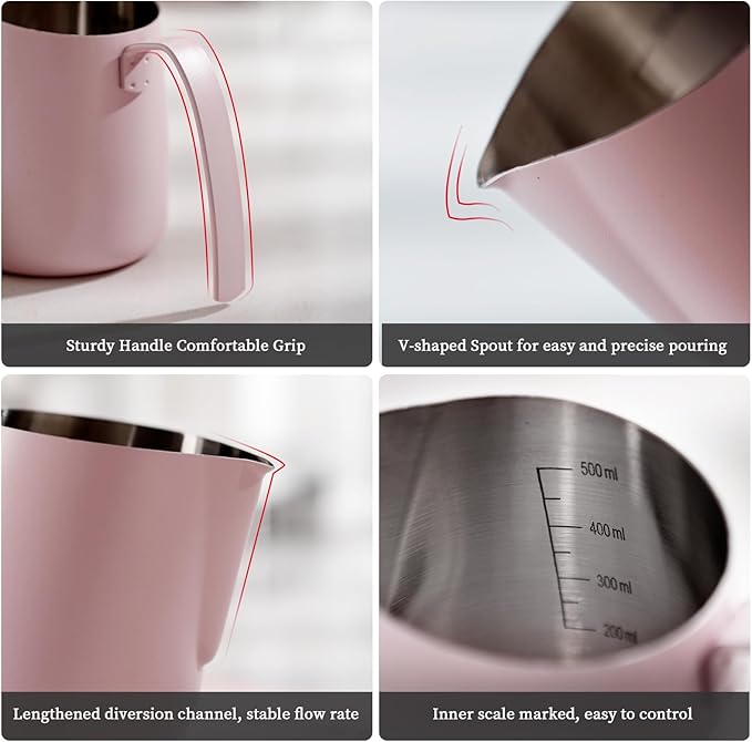 Milk Frothing Pitcher 500ML - Pink Espresso Steaming Pitcher, Stainless Steel Coffee Milk Frothing Cup with Large Handle and Scale, Espresso Machine Accessories for Barista