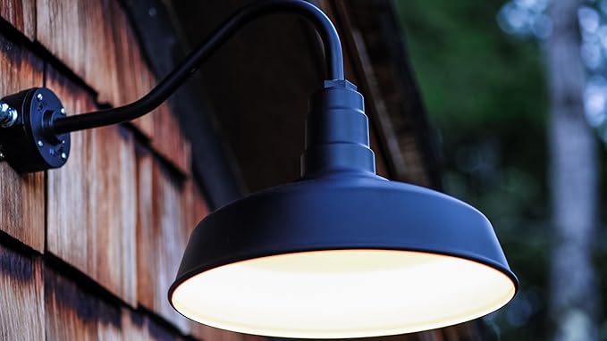 Steel Lighting Co. Gardena Barn Light | Outdoor Wall Mounted | 16" Dome | 11" Straight Arm | Farmhouse Light Made in America | Black Exterior/White Interior