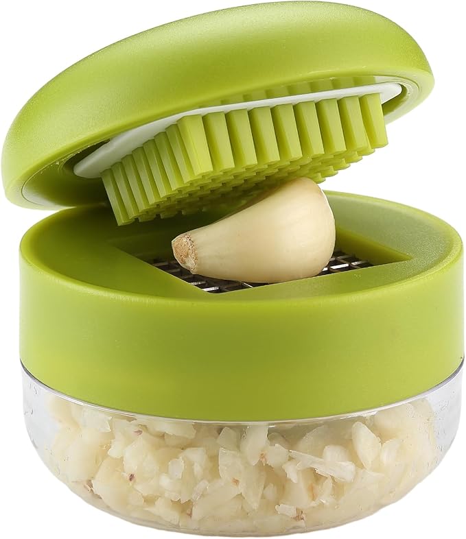 Garlic Peeler Garlic Mincer, Press, Cutter, and Storage Container - Includes Silicone Garlic Peeler and Mini Brush - Easy to Clean - Stainless Steel Blades