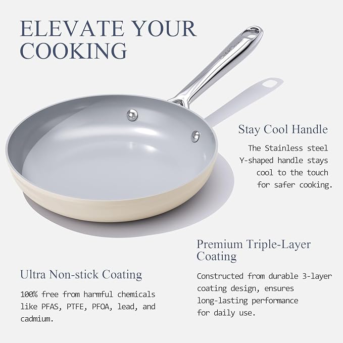Nonstick Ceramic Frying Pan 8" for All Cooktops, PTFE/PFOA/PFAS Free, Even Heat Distribution Oven Safe up to 500°F, Healthy Non Toxic Skillet w/Ergonomic Stainless Steel Handle, Cream