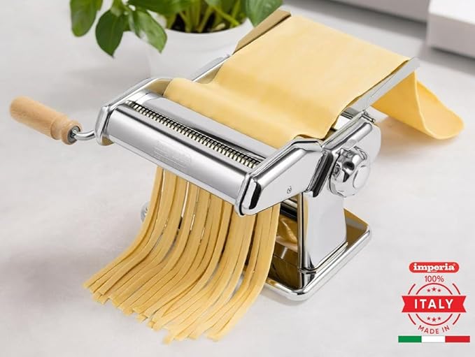 Imperia Pasta Maker Deluxe Gift Set w Accessories- Includes Pasta Machine, Ravioli Mold Press, Wooden Rolling Pin plus 2 Cutter Attachments for Adjustable Thicknesses- Made in Italy Steel Construction