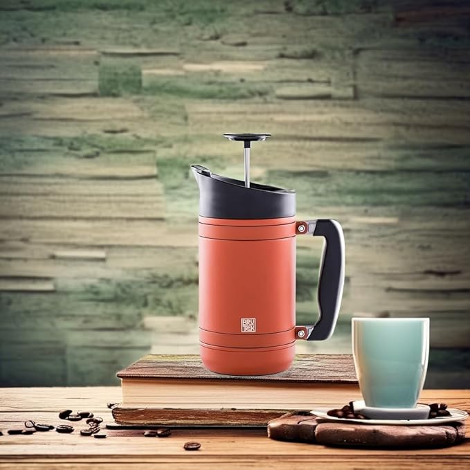 BruTrek BaseCamp Coffee Press - Double Wall Insulated Stainless Steel - Bru-Stop Technology, No Grounds in Coffee, No Spill Lid (Red Rock, 32 fl.oz)