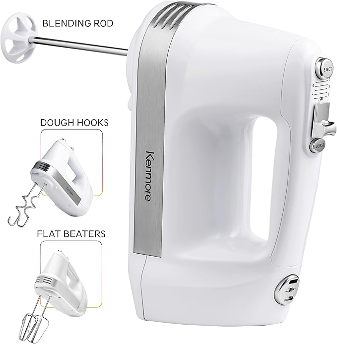 Kenmore Hand Mixer – 5 Speed Handheld Blender, Electric Egg Beater, Whisk, Dough Hooks, Storage Case, Turbo Boost for Cake Mix, Baking, Retractable Cord, Kitchen Appliances