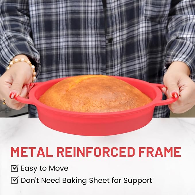 9 Inch Round Cake Pan, Metal Reinforced Frame Silicone Cake Mold for Baking with Handle Easy to Move BPA Free