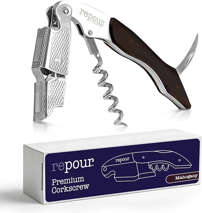 Repour 3 in 1 Corkscrew- Professional Wine Bottle Opener with Serrated Foil Cutter and Bottle Opener- Manual Wine Key for Bartenders, Servers, Waiters, and Wine Enthusiasts (Mahogany)