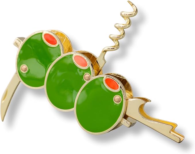 ban.do Novelty Martini Olive Corkscrew and Bottle Opener, Aesthetic Barware and Cocktail Tools (Olives)