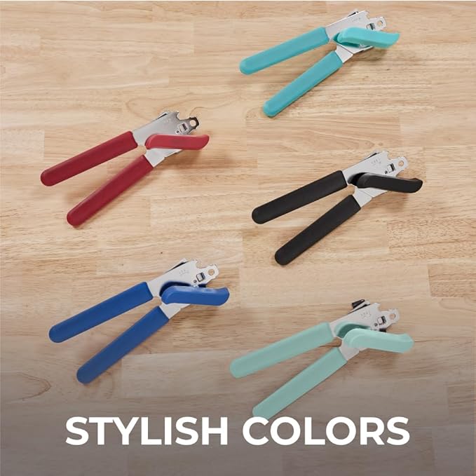 Kitchen Genie Slip Resistant Stainless Steel Manual Can Opener, Sharp Blade for Smooth Edge Cuts, Easily Open Cans, Ergonomic Handles with Easy to Turn Knob, Built-In Bottle Openers, Cobalt Blue