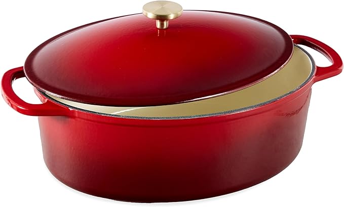 Best Choice Products Oval 7.5 Quart Enamel Cast-Iron Dutch Oven, Heavy-Duty Pre-Seasoned for Baking, Cooking w/Side Handles – Red