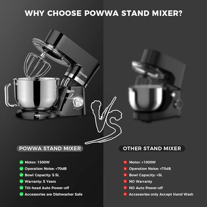 Stand Mixer, POWWA 6.5 Quart Electric Mixer, 6+1 Speed 660W Tilt-Head Kitchen Food Mixers with Whisk, Dough Hook, Mixing Beater & Splash Guard for Baking, Cake, Cookie, Kneading, ETL Certified (Black)