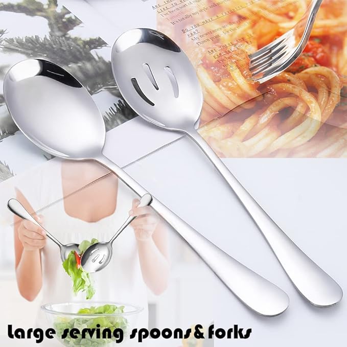 11 PCS Serving Utensils, Large Stainless Steel Spoons Forks Tongs, Pie Server, Great for Hostess Buffet Catering Banquet Party, Silver