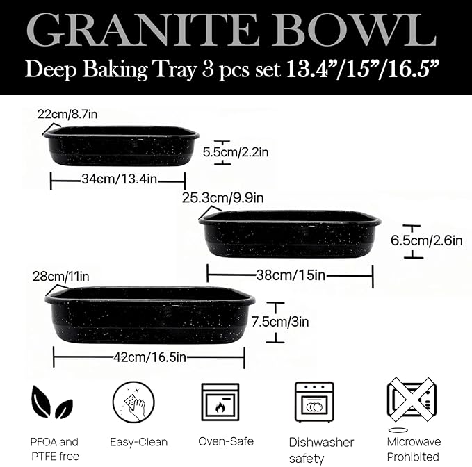 3-Pack Roasting Pans for Ovens Turkey Roaster Pan set Deep Lasagna Baking Pan,17/15/13Inch Spotted Enamel Steel Vessel Used for Cake Dinners Cooking Safe Easy to Clean Bakeware Merry Christmas Gift