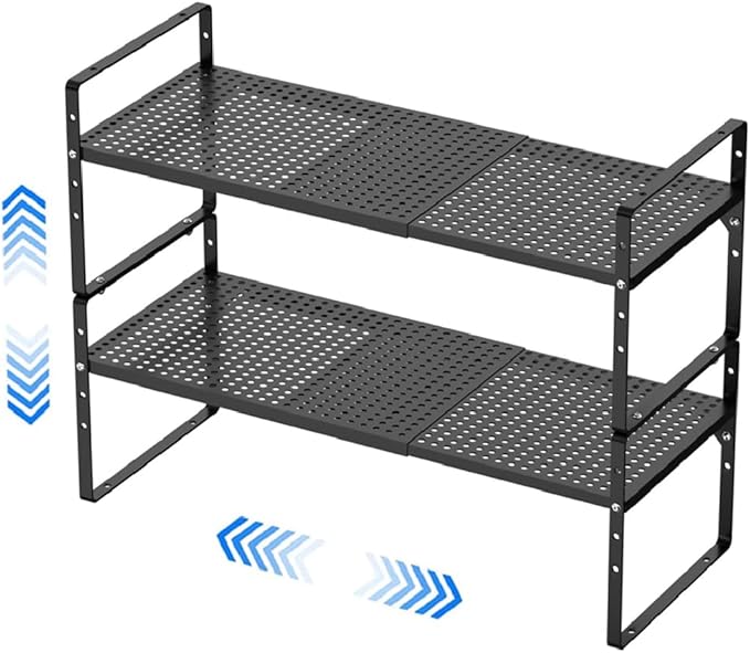 Expandable Kitchen Cabinet Shelf Organizers, Stackable Metal Pantry Storage Shelves Rack, Adjustable Counter Spice Shelf for Cabinets, Countertop, Cupboard, 2 Pack, Black