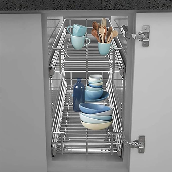 2 Tier Pull Out Cabinet Organizer 18" W X 22" D, Slide Out Drawers For Kitchen Cabinets, Pull Out Drawers For Cabinets Capacity Heavy Duty Caddy, Cabinet Pullout Shelves Chrome-Plated,Bathroom Pantry