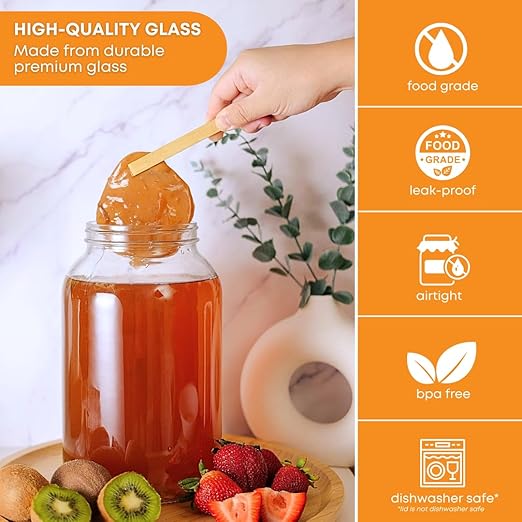 FastRack - One Gallon Wide Mouth Jar with White METAL Airtight Lid (Pack of 4) | Glass Canisters with Airtight Lids | Large Mouth Glass Jar with Fermentation Lid for brewing, fermentation and pickling