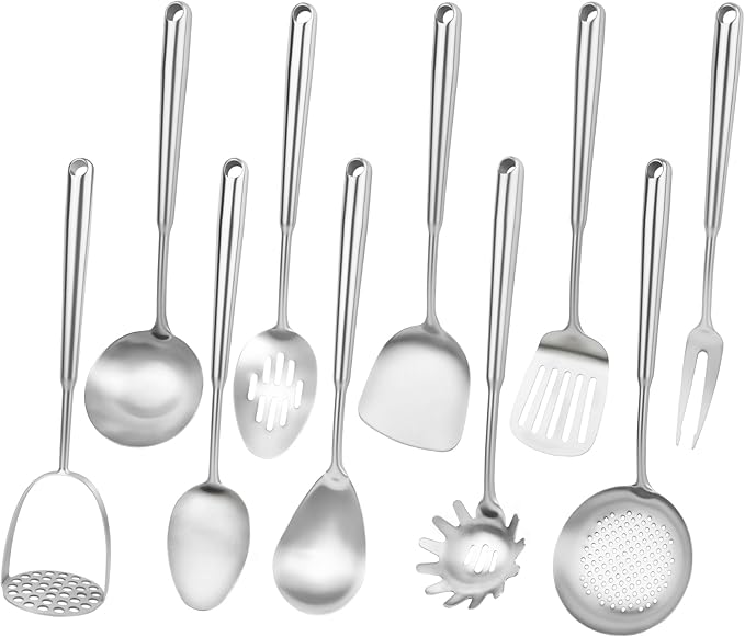 18/10 Stainless Steel Cooking Utensils Set, 10PCS Metal Kitchen Utensils Set for Wok,Kitchen Tools Set Come with Spoon, Fork, Spatula, Ladle, Skimmer, Turner, Pasta Server
