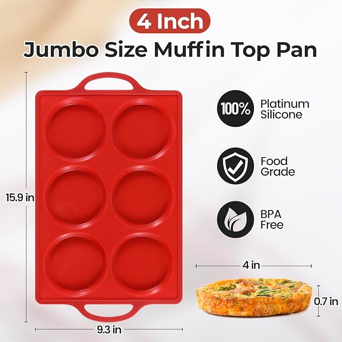 CAKETIME Silicone Muffin Top Pan with Metal Frame, 4 Inch Jumbo Non Stick Round Egg Baking Pan for Oven English Muffins, Whoopie Pies, Corn Bread, Egg Bites, Breakfast Sandwiches Tarts 2 Pack Red