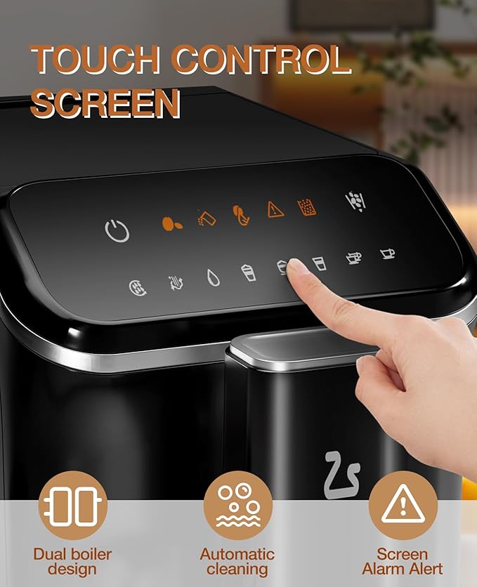 IDEALHOUSE Fully Automatic Espresso Machine with Built-In Grinder and Milk Frother, Touchscreen Control, 20 Bar Pressure, 1.5L Detachable Water Tank, One-Touch Latte & Cappuccino Maker, Black