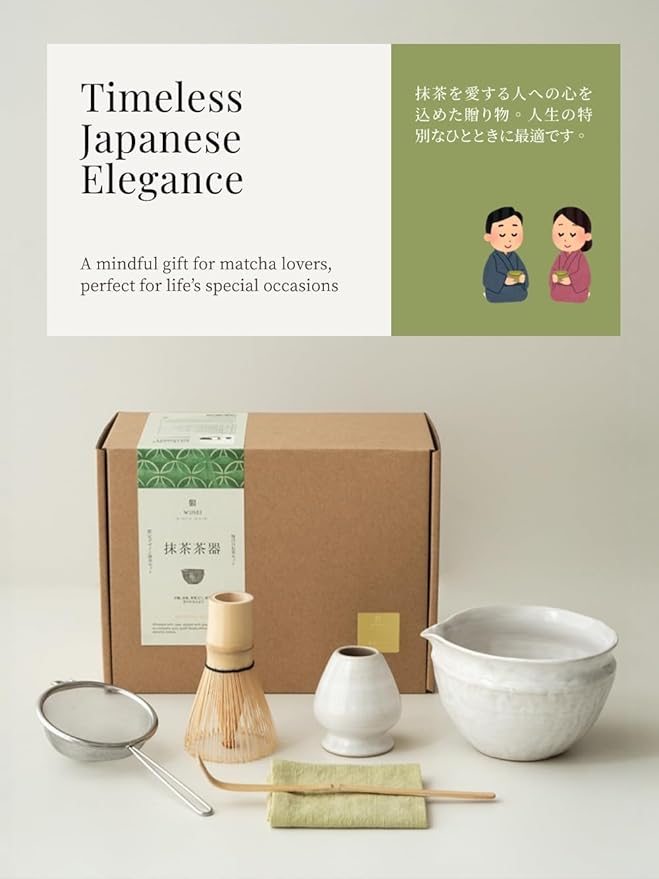 6-pcs Japanese Matcha Whisk Set with Handmade Wabi-Sabi Ceramic Bowl(Chawan),Bamboo Chasen, Whisk Holder, Scoop, Sifter & Tea Towel,Matcha Ceremony Kit,(Light Veil Gray)
