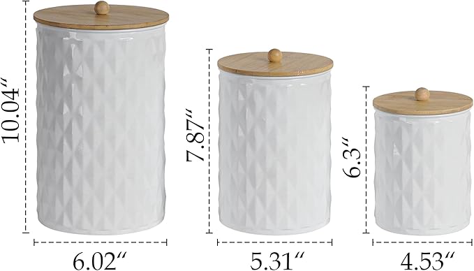Kitchen Canister Set of 3 Tea Coffee Sugar Containers with Airtight Bamboo Lids Food Flour Storage for Countertop Metal White Diamond Pattern Embossed Farmhouse Decor