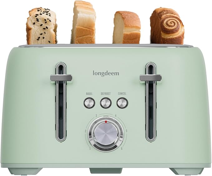 LONGDEEM 4-Slice Toaster 1.5" Extra Wide Slot Stainless Steel with High Lift Lever, 6 Presets & Bagel/Defrost/Cancel Function, Removal Crumb Tray, Under Base Cord Storage, Green