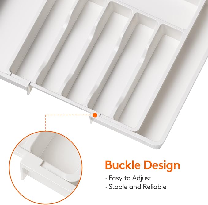 Lifewit Silverware Drawer Organizer, Expandable Utensil Tray for Kitchen, BPA Free Flatware and Cutlery Holder, Adjustable Plastic Storage for Spoons Forks Knives, Large, White