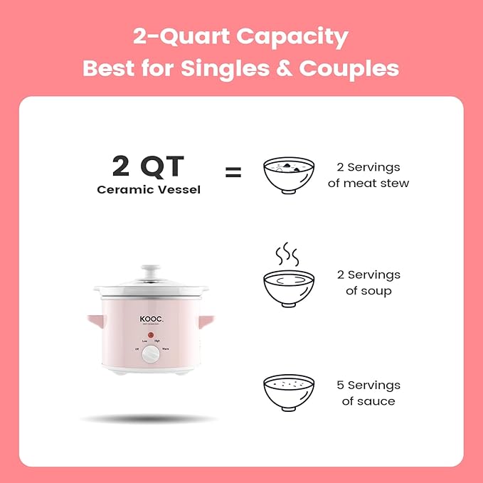KOOC Small Slow Cooker, 2-Quart, Free Liners Included for Easy Clean-up, Upgraded Ceramic pot, Adjustable Temp, Nutrient Loss Reduction, Stainless Steel, Pink, Round