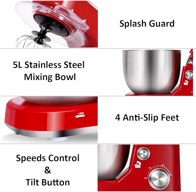 CUSIMAX Stand Mixer, 5-QT Stainless Steel Bowl Food Mixer, Tilt-Head Kitchen Electric Mixer with Dough Hook, Mixing Beater and Whisk, Splash Guard, Red